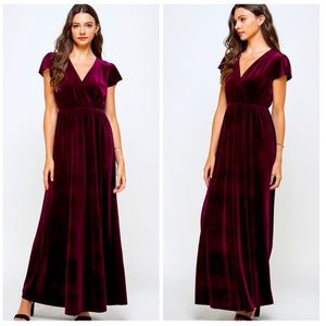 Burgundy Velvet Flutter Sleeve Formal Maxi Dress